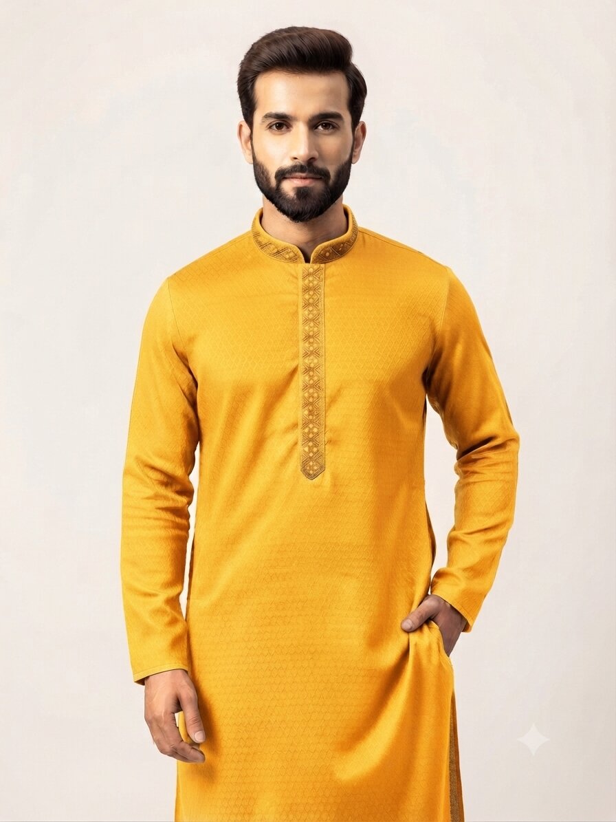 Men’s Yellow Embroidered Kurta Pajama