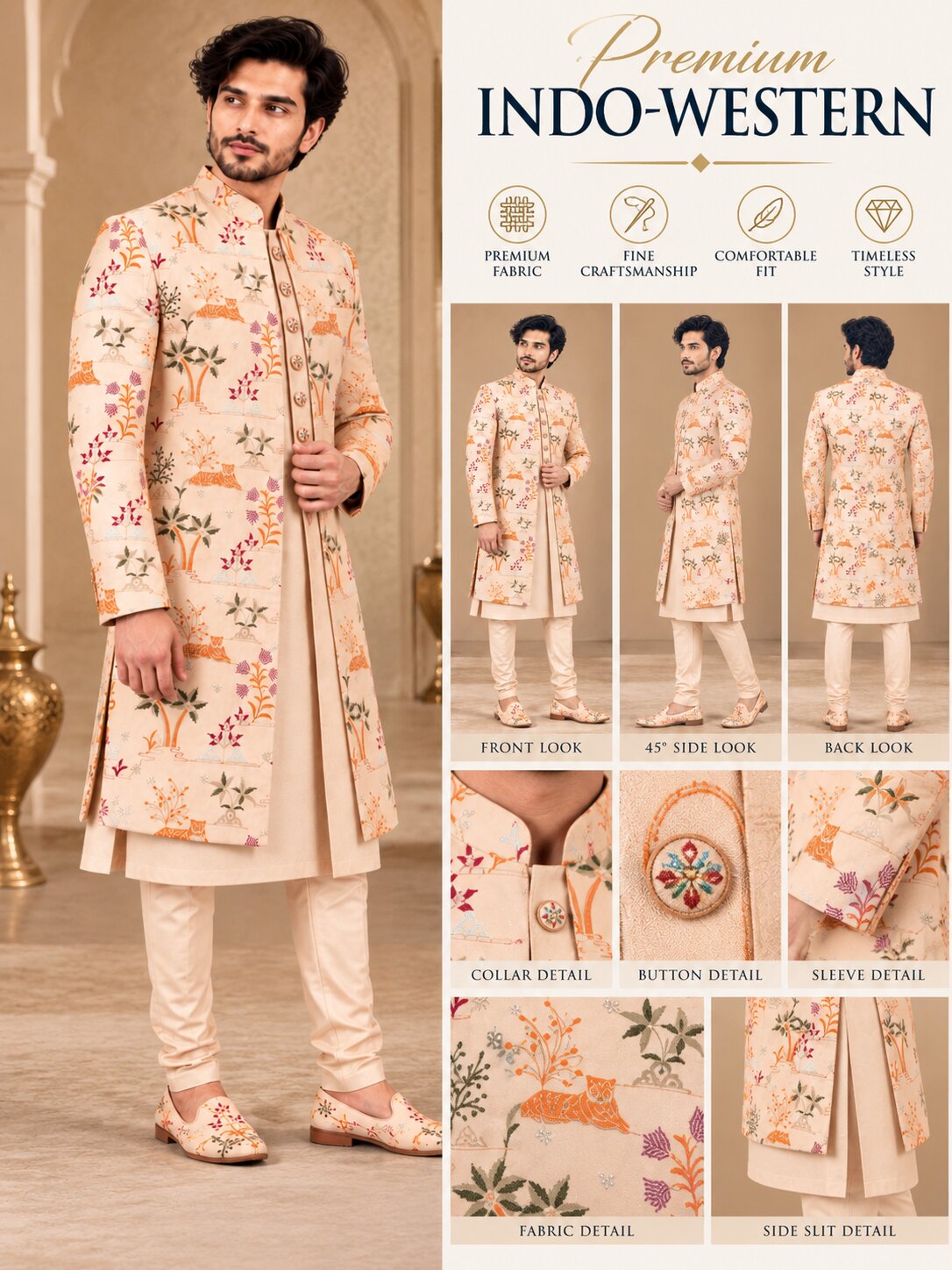 Men Premium Light Peach Embroidered Front Open Indo Western Sherwani Set