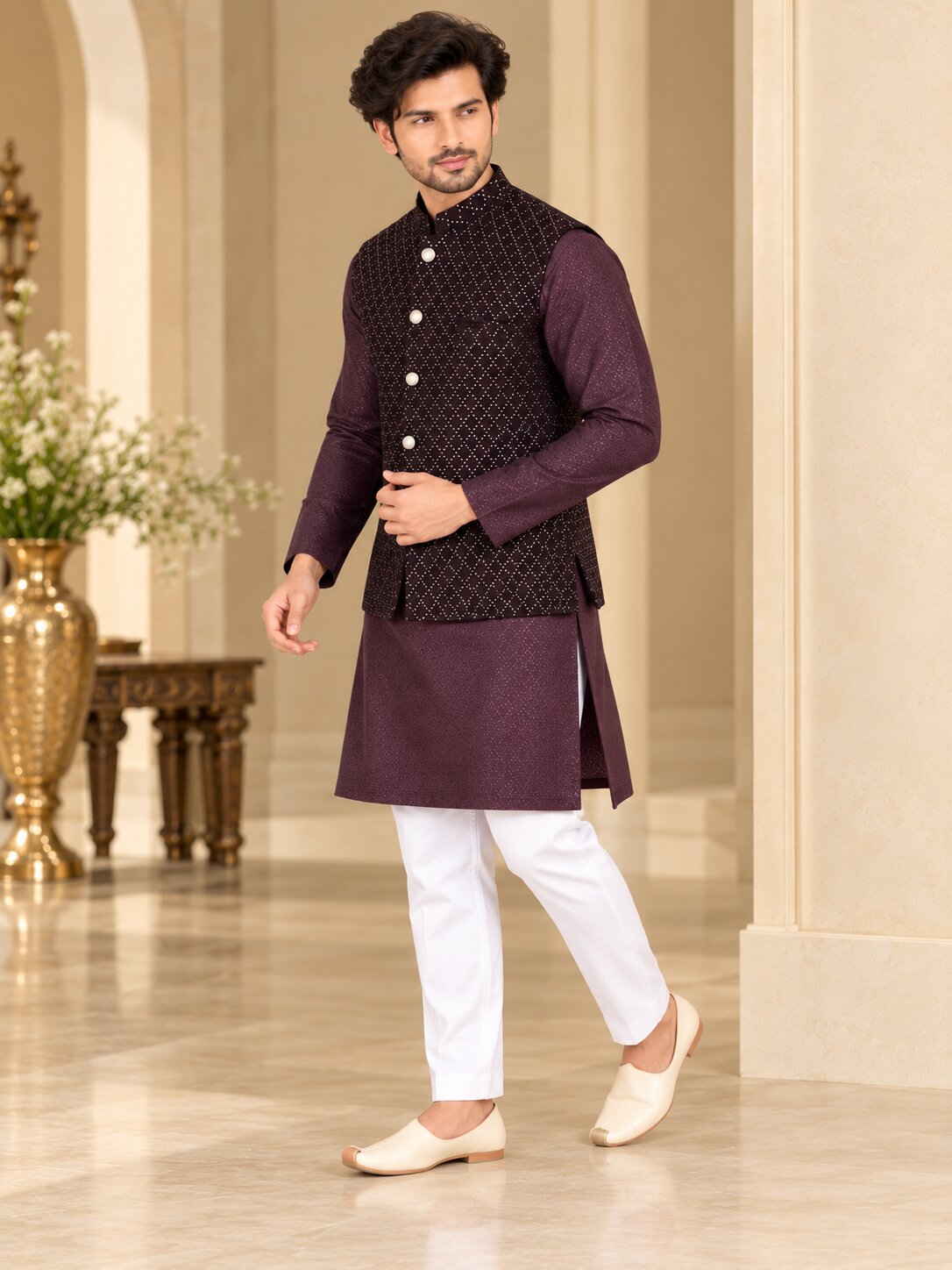 Men Wine Embellished Nehru Jacket