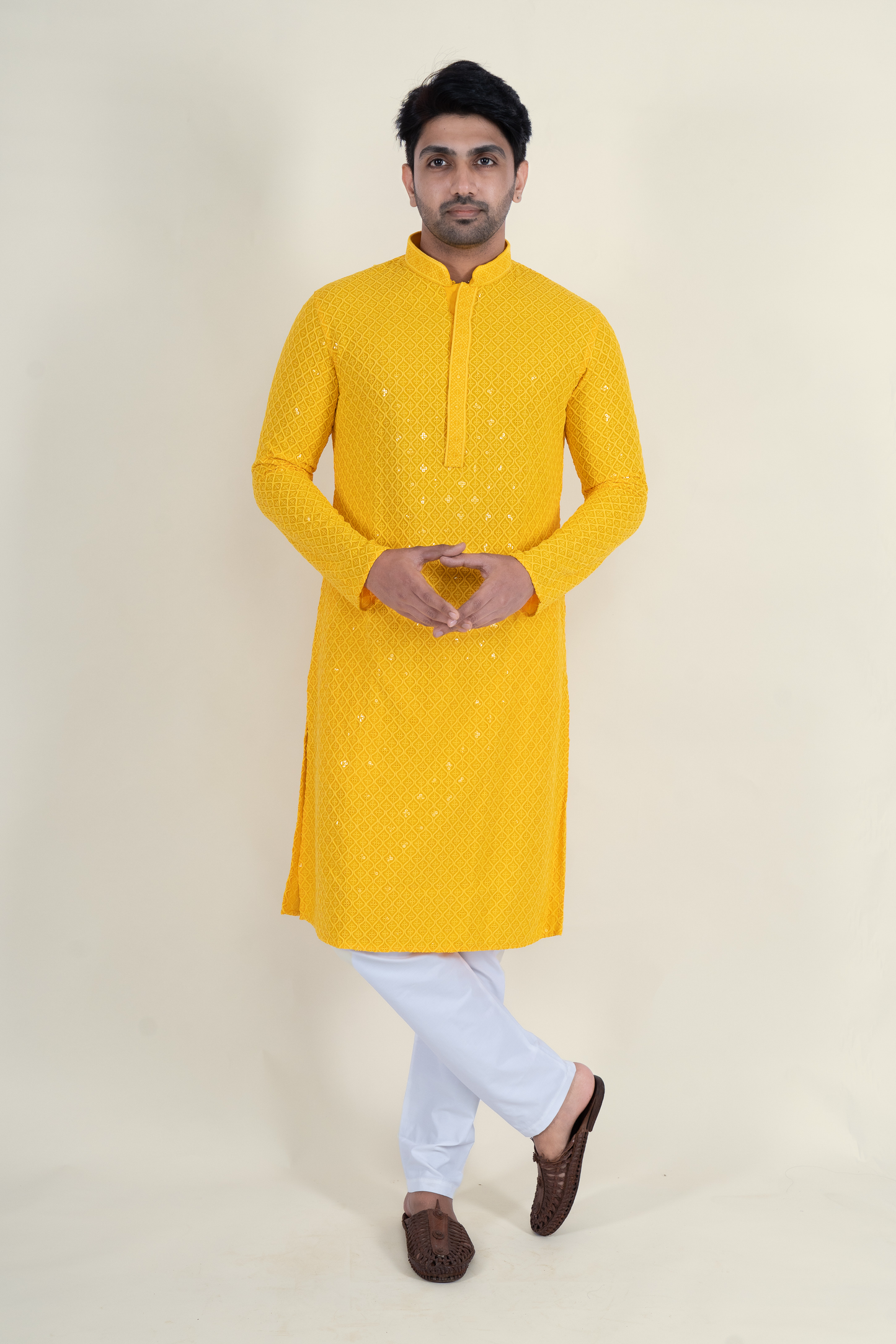 Chikan Kari Kurta - Bright Yellow