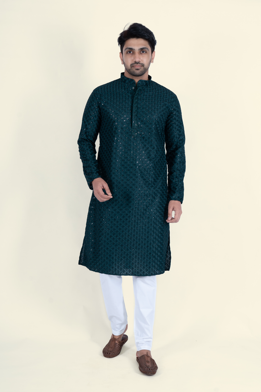 Chikan Kari Kurta - Midnight Green