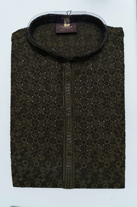 Chikan Kari Kurta - Dark Olive
