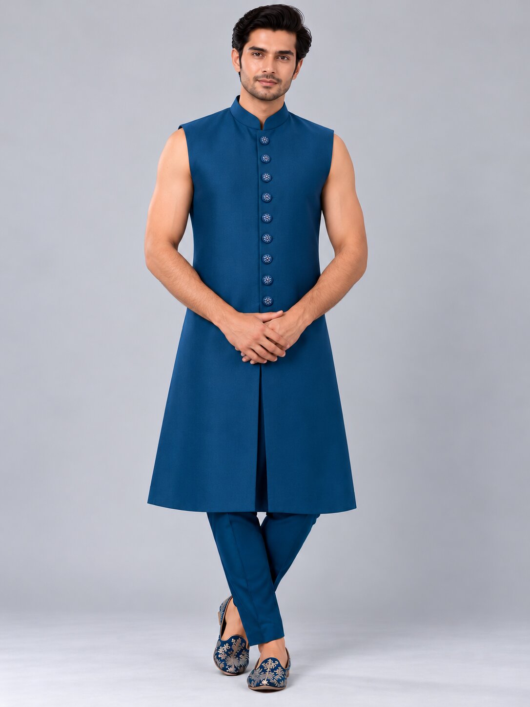 Men Premium Rama Blue Embroidered Front Open Indo Western Sherwani Set