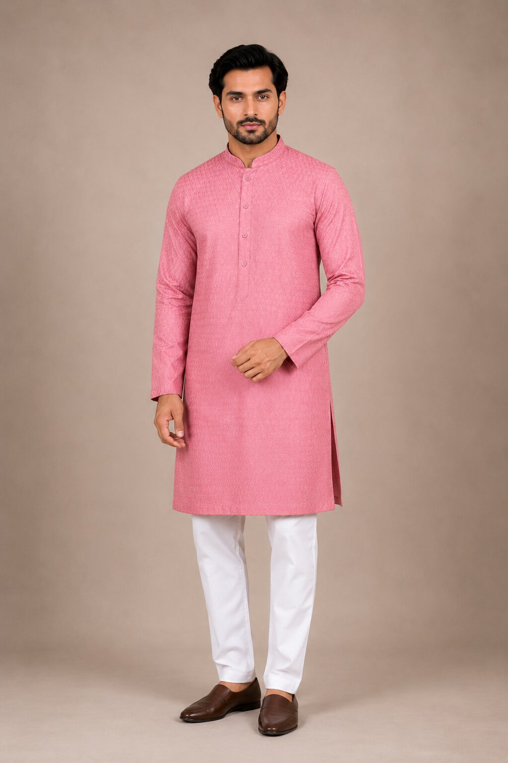 Men’s Premium Pink Textured Kurta with White Pajama