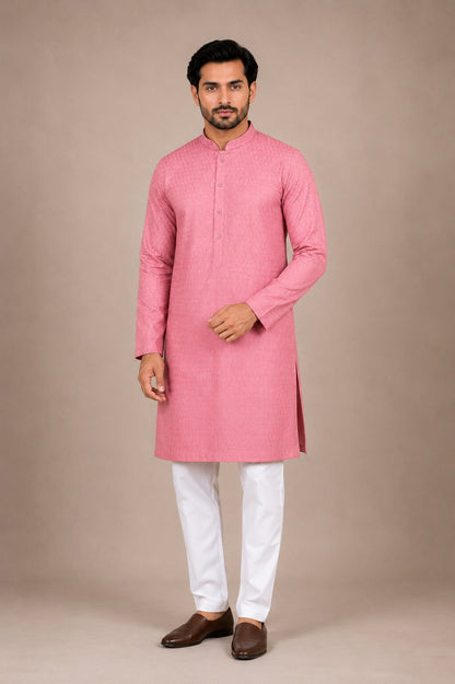 Men’s Premium Pink Textured Kurta with White Pajama