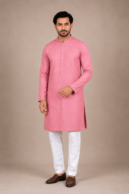 Men’s Premium Pink Textured Kurta with White Pajama
