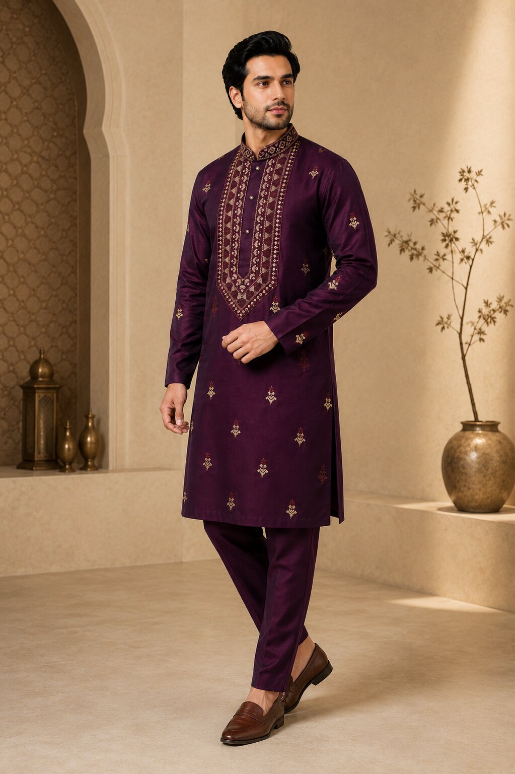 Men’s Wine Embroidered Kurta Pajama