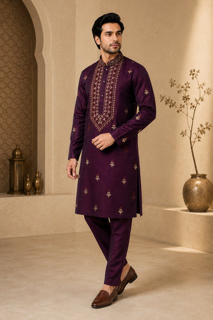Men’s Wine Embroidered Kurta Pajama