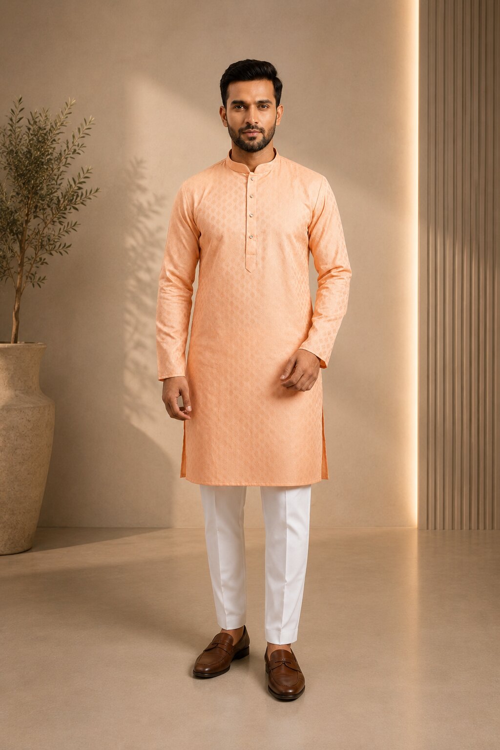 Men’s Peach Textured Kurta Pajama