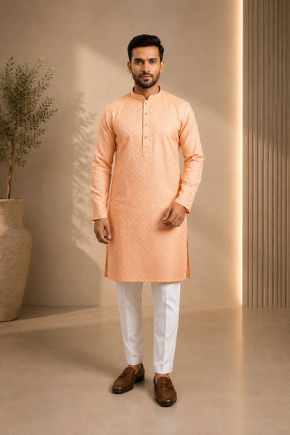 Men’s Peach Textured Kurta Pajama