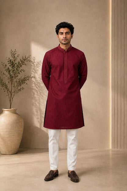 Men’s Maroon Textured Kurta Pajama