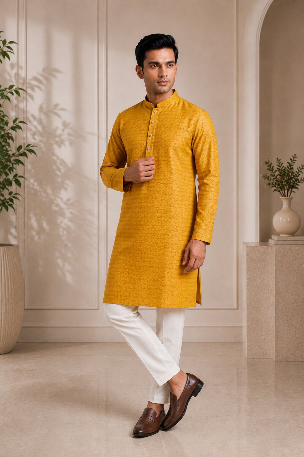 Men’s Mustard Textured Kurta Pajama