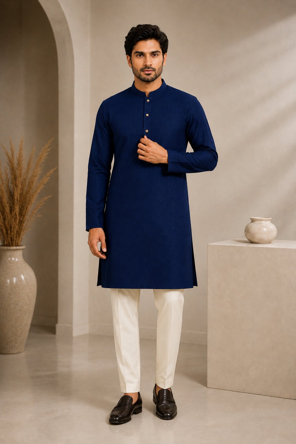 Men’s Blue Textured Kurta Pajama