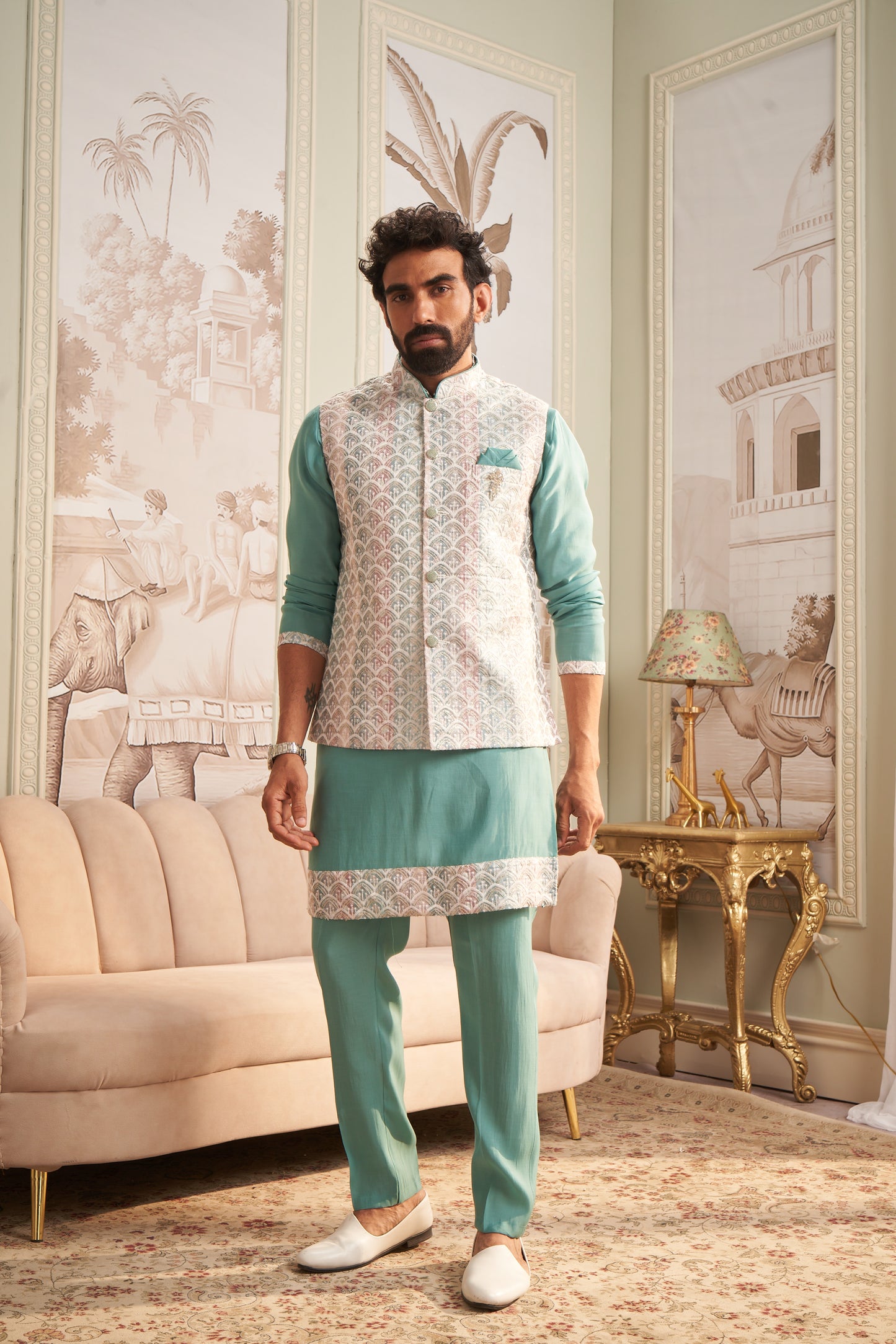 Bundi Kurta Set - Cyan Green