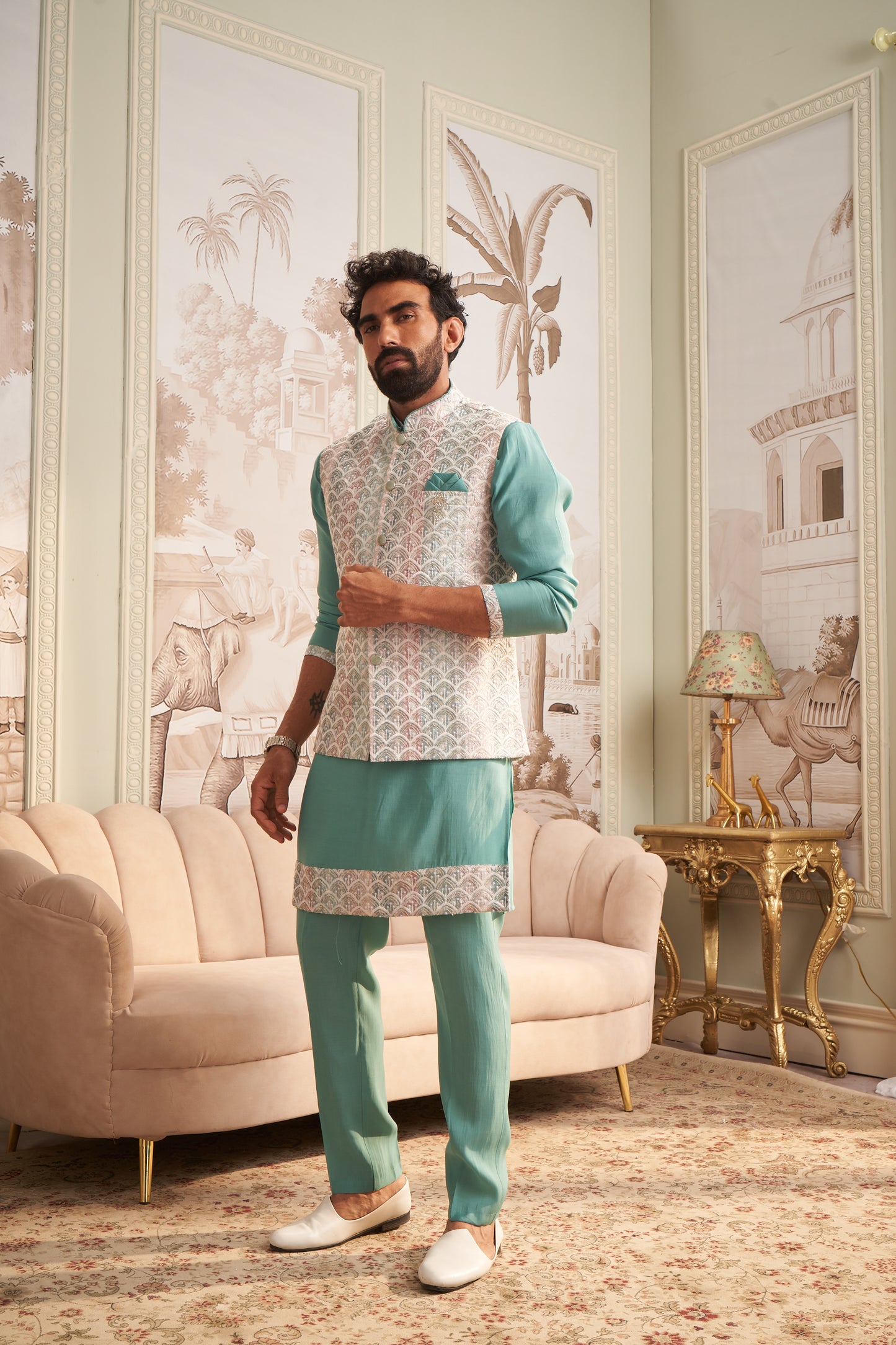 Bundi Kurta Set - Cyan Green