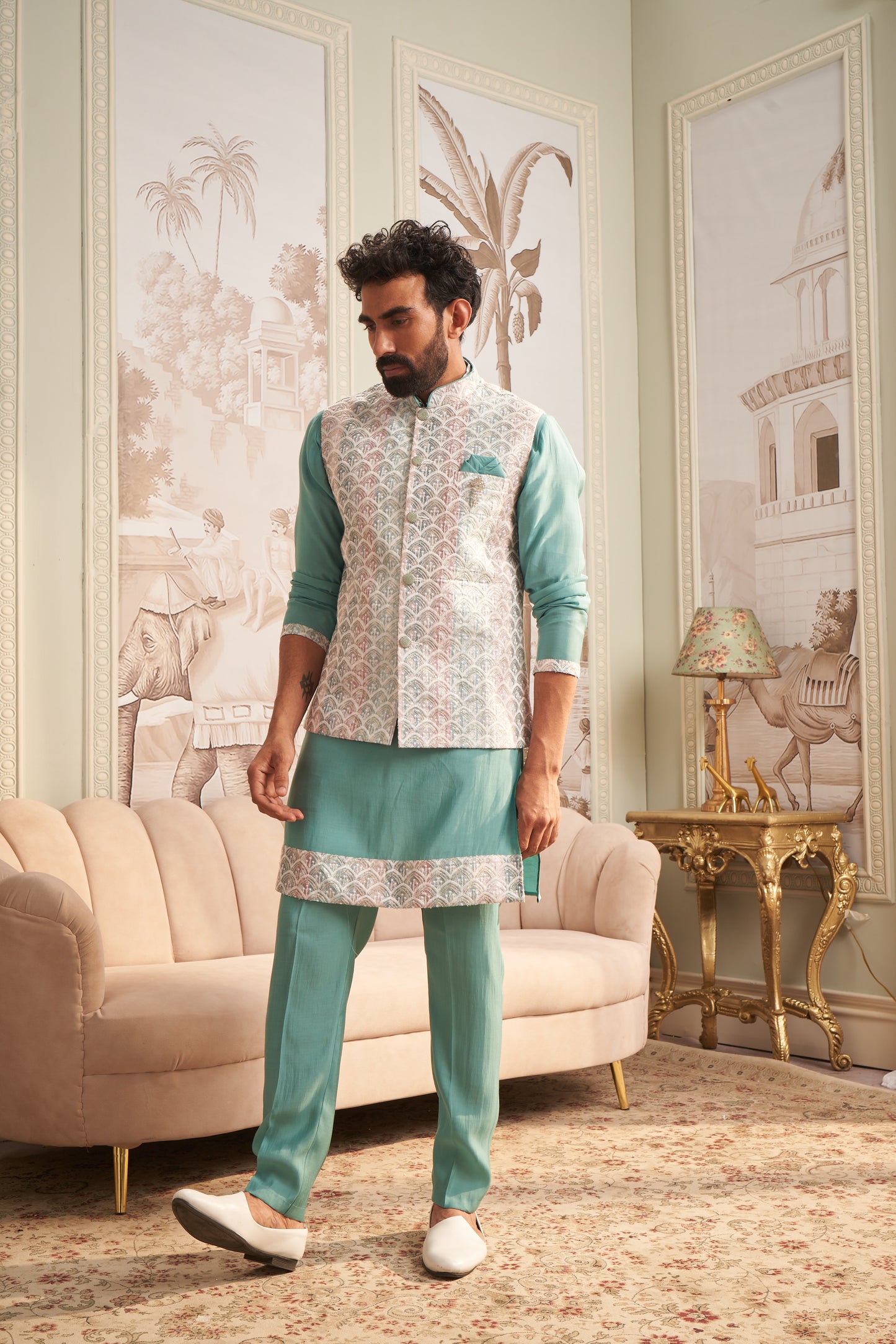 Bundi Kurta Set - Cyan Green