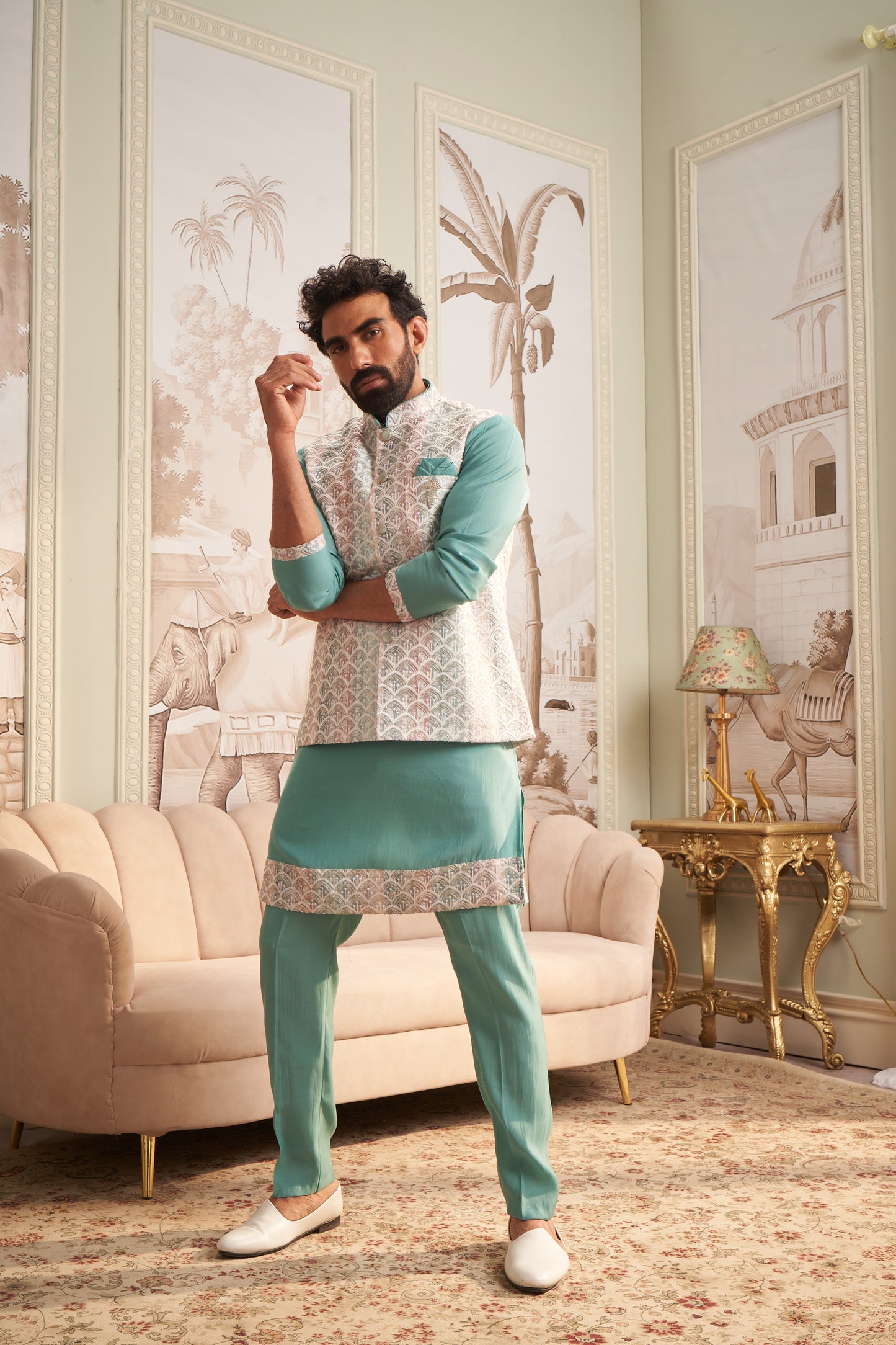 Bundi Kurta Set - Cyan Green