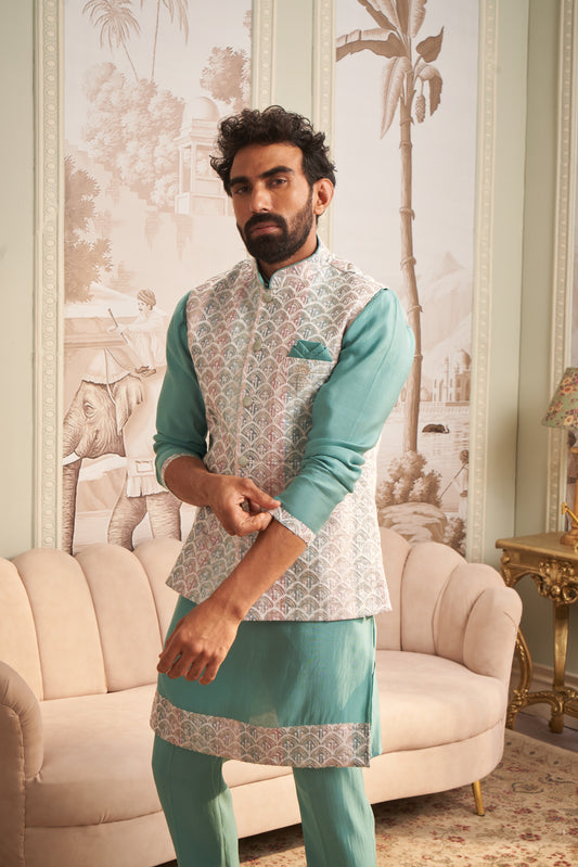 Bundi Kurta Set - Cyan Green