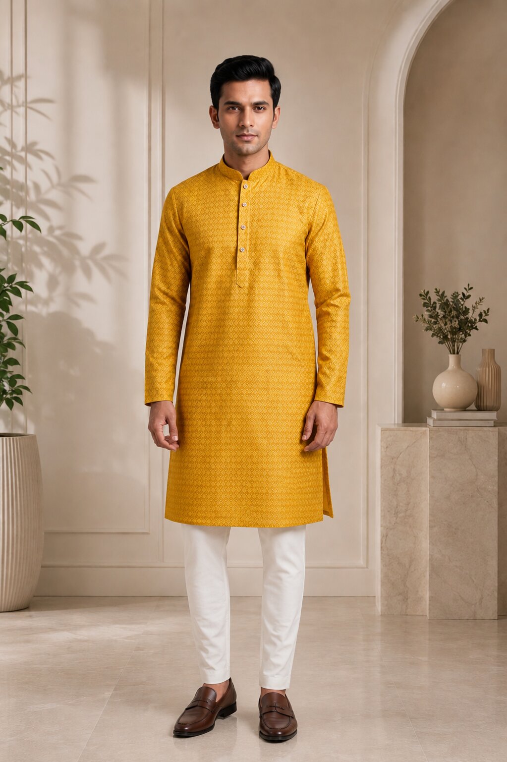 Men’s Mustard Textured Kurta Pajama