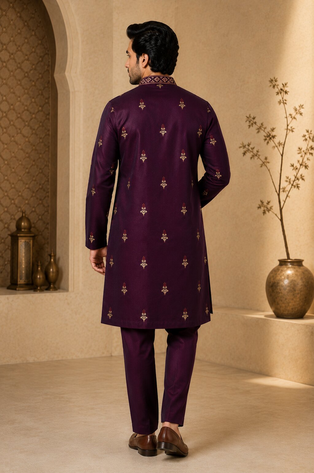 Men’s Wine Embroidered Kurta Pajama