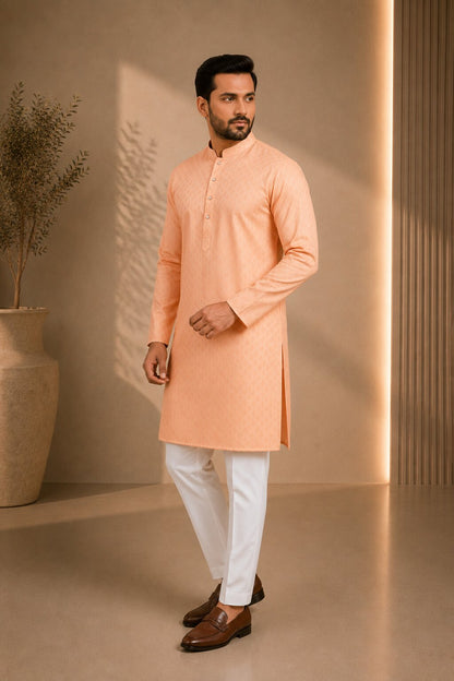 Men’s Peach Textured Kurta Pajama