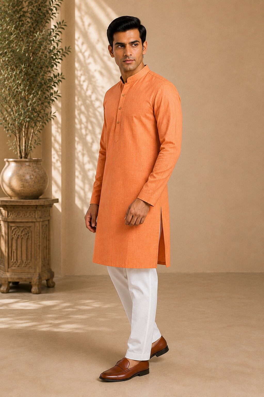 Men’s Orange Textured Kurta