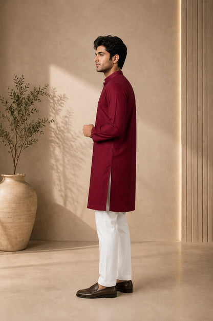 Men’s Maroon Textured Kurta Pajama