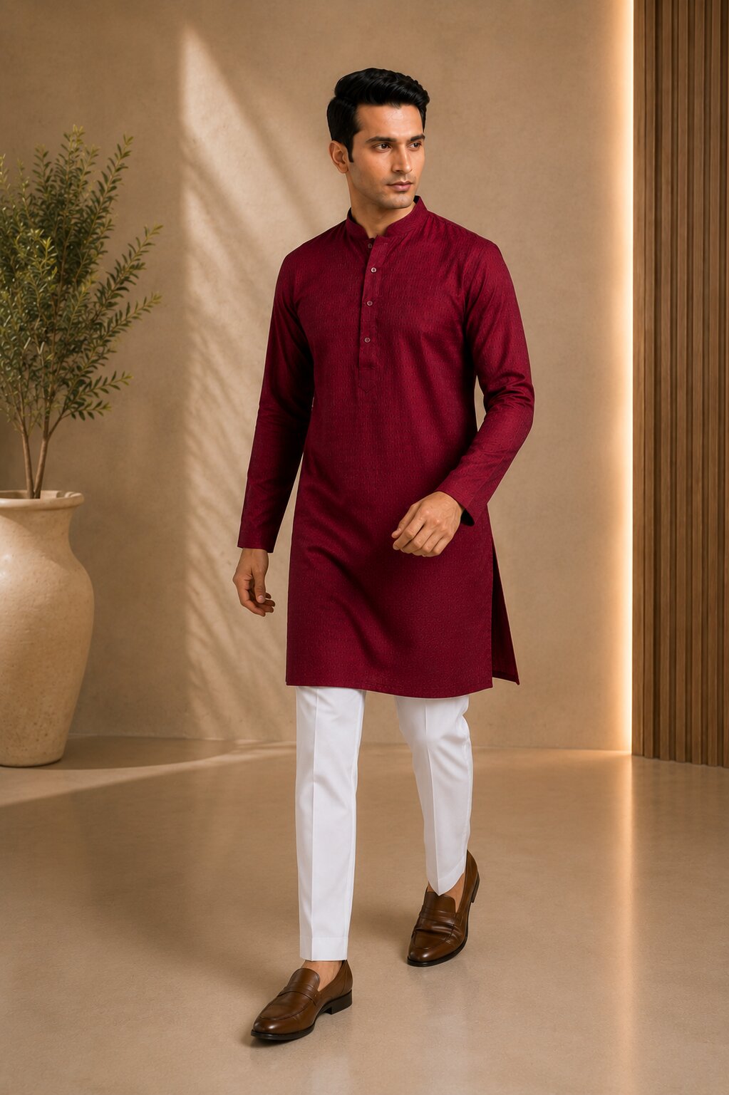 Men’s Maroon Textured Kurta Pajama