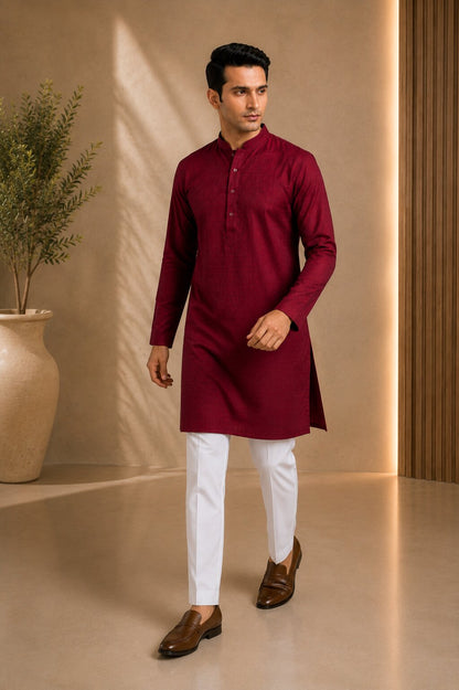 Men’s Maroon Textured Kurta Pajama
