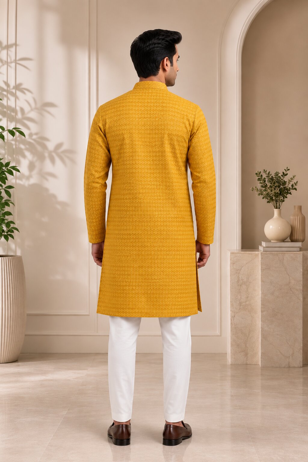 Men’s Mustard Textured Kurta Pajama
