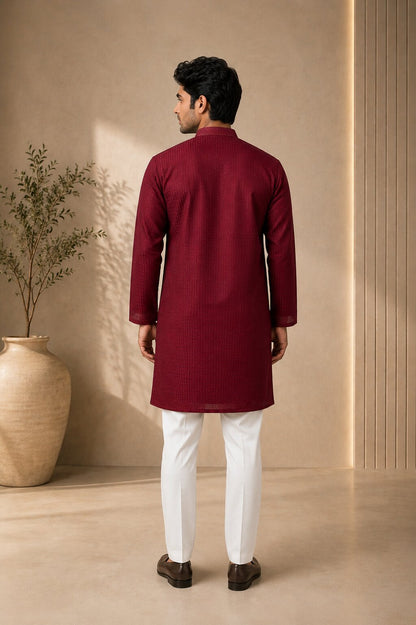 Men’s Maroon Textured Kurta Pajama
