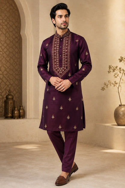 Men’s Wine Embroidered Kurta Pajama