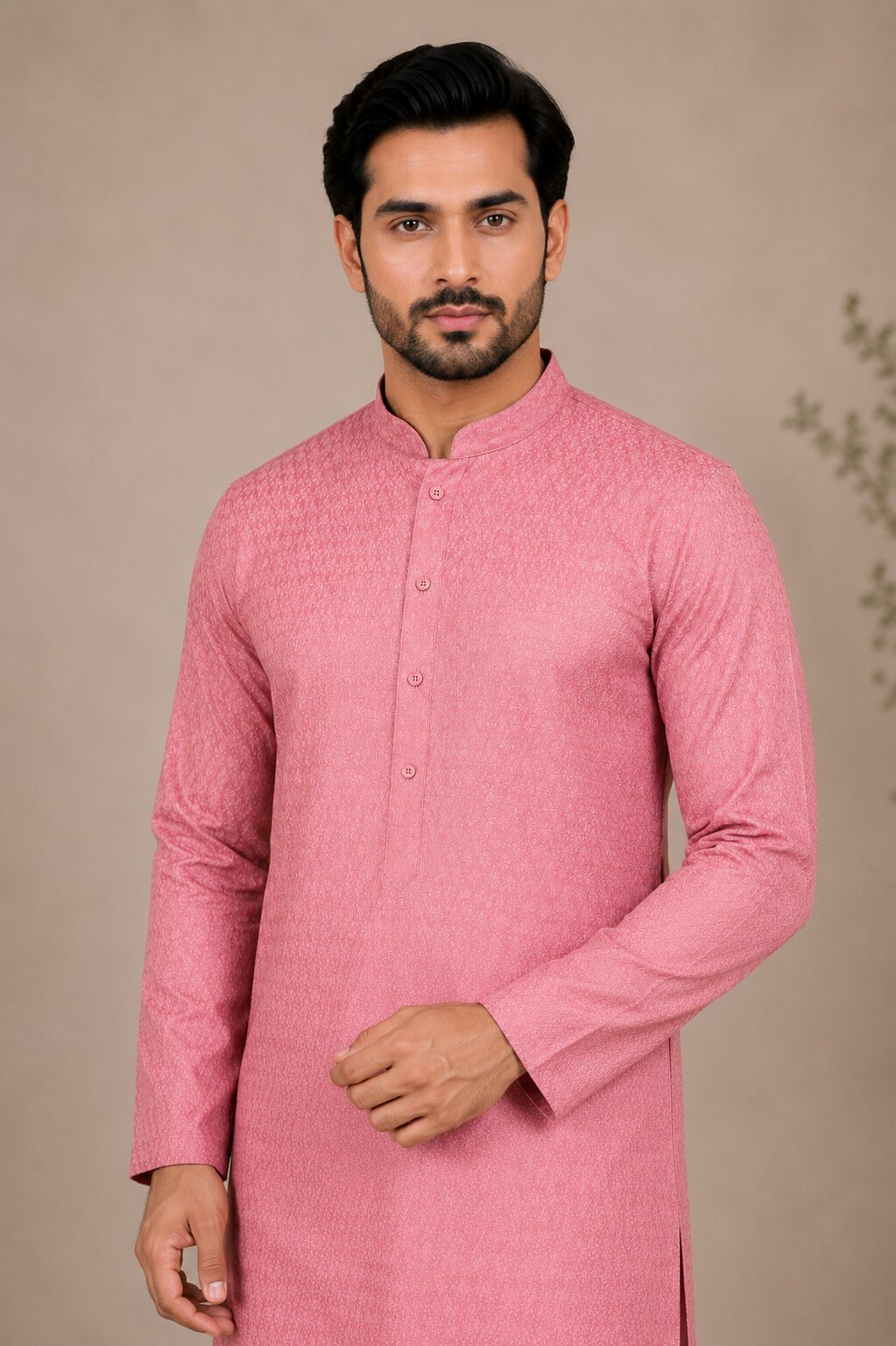 Men’s Premium Pink Textured Kurta with White Pajama