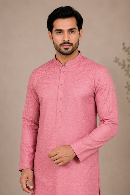 Men’s Premium Pink Textured Kurta with White Pajama