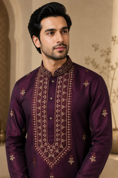 Men’s Wine Embroidered Kurta Pajama