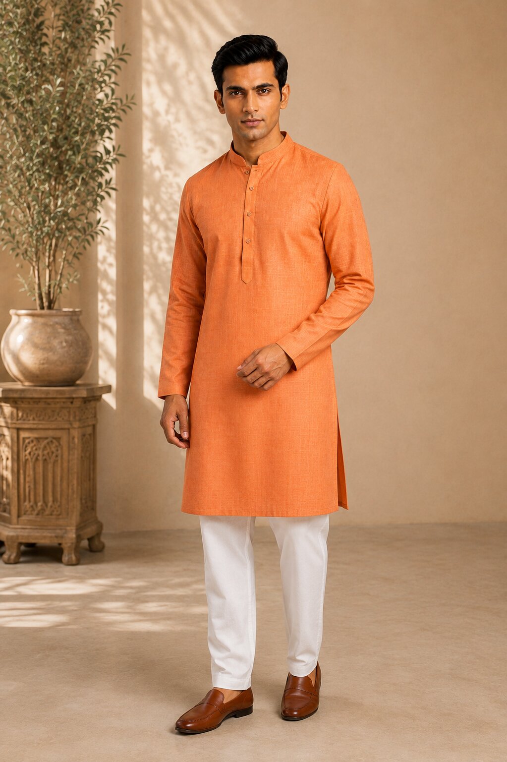Men’s Orange Textured Kurta