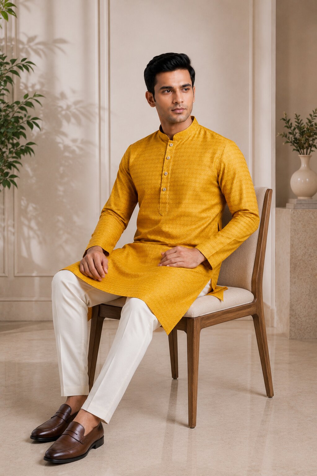 Men’s Mustard Textured Kurta Pajama