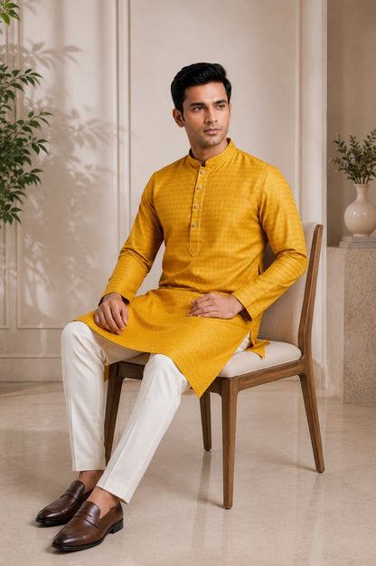 Men’s Mustard Textured Kurta Pajama