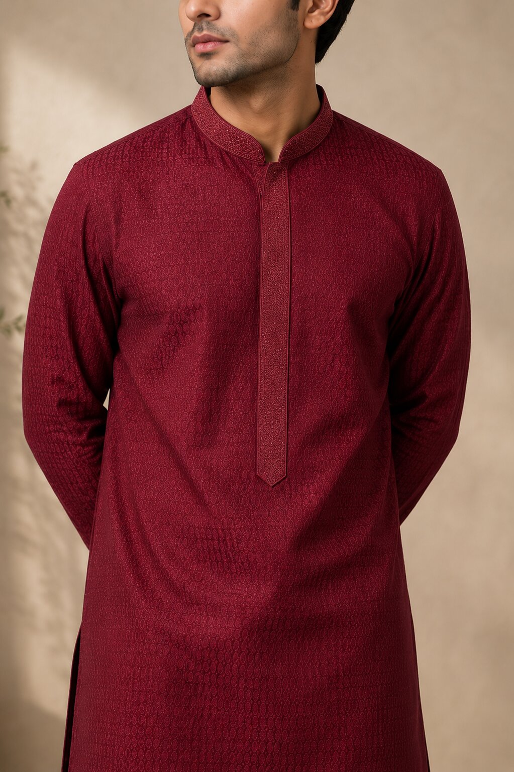 Men’s Maroon Textured Kurta Pajama