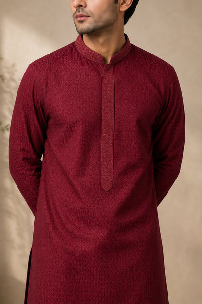 Men’s Maroon Textured Kurta Pajama