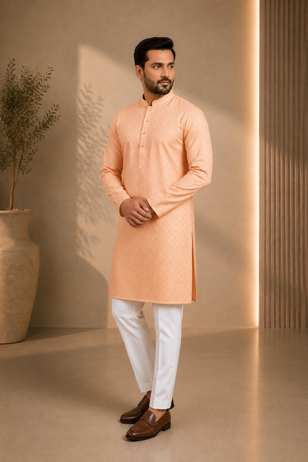 Men’s Peach Textured Kurta Pajama