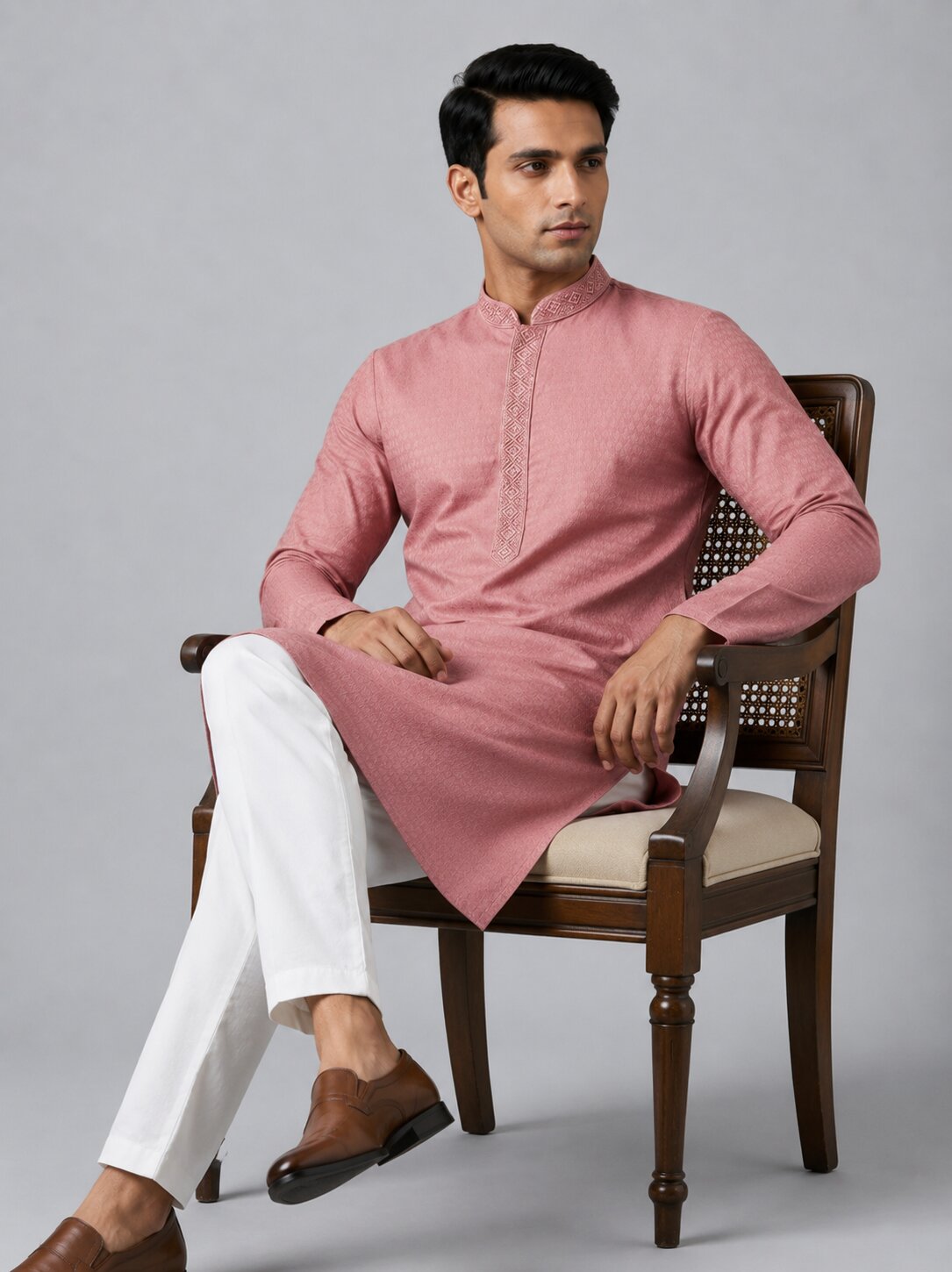 Men’s Peach Embroidered Kurta Pajama
