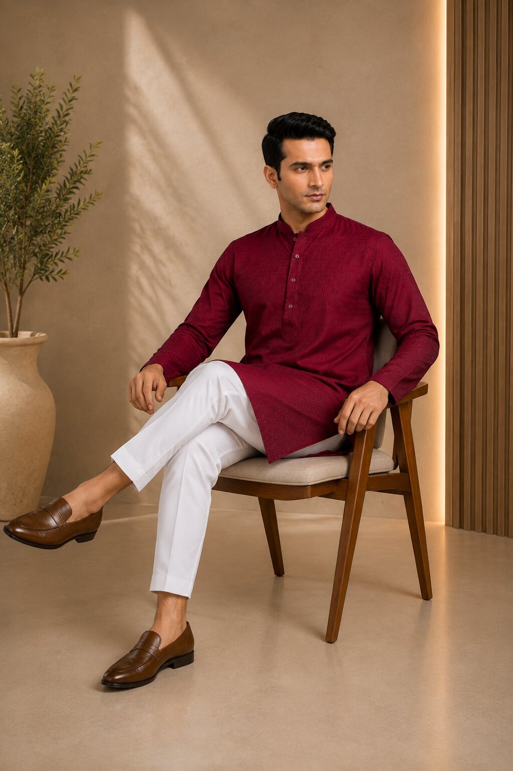 Men’s Maroon Textured Kurta Pajama