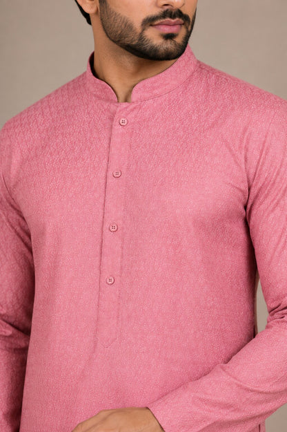 Men’s Premium Pink Textured Kurta with White Pajama