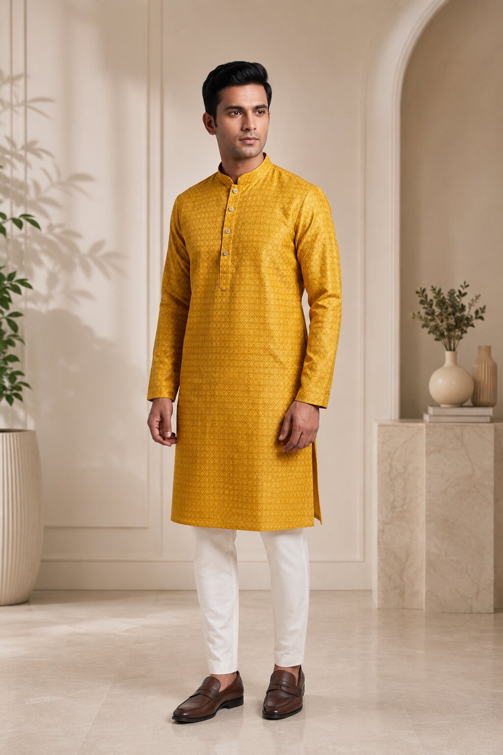 Men’s Mustard Textured Kurta Pajama