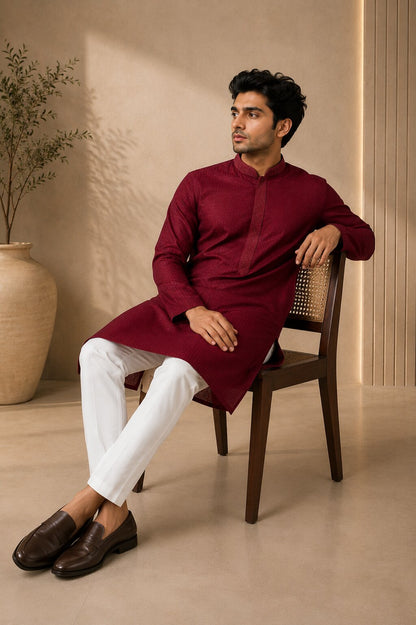 Men’s Maroon Textured Kurta Pajama