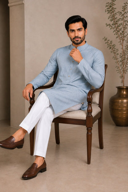 Men’s Light Blue Textured Kurta Pajama