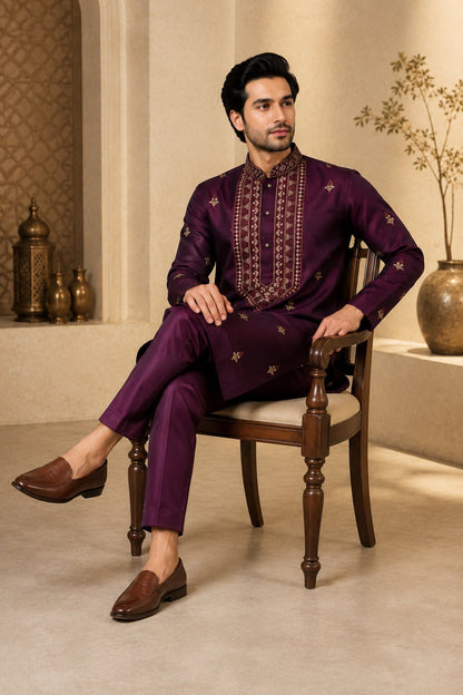 Men’s Wine Embroidered Kurta Pajama