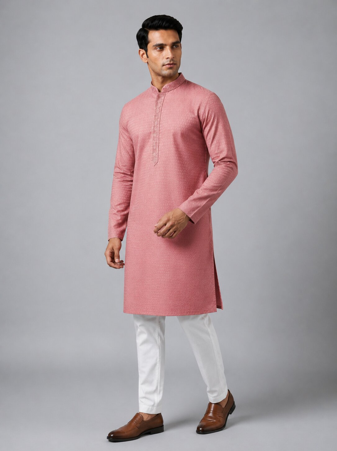 Men’s Peach Embroidered Kurta Pajama