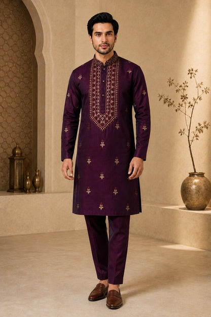 Men’s Wine Embroidered Kurta Pajama